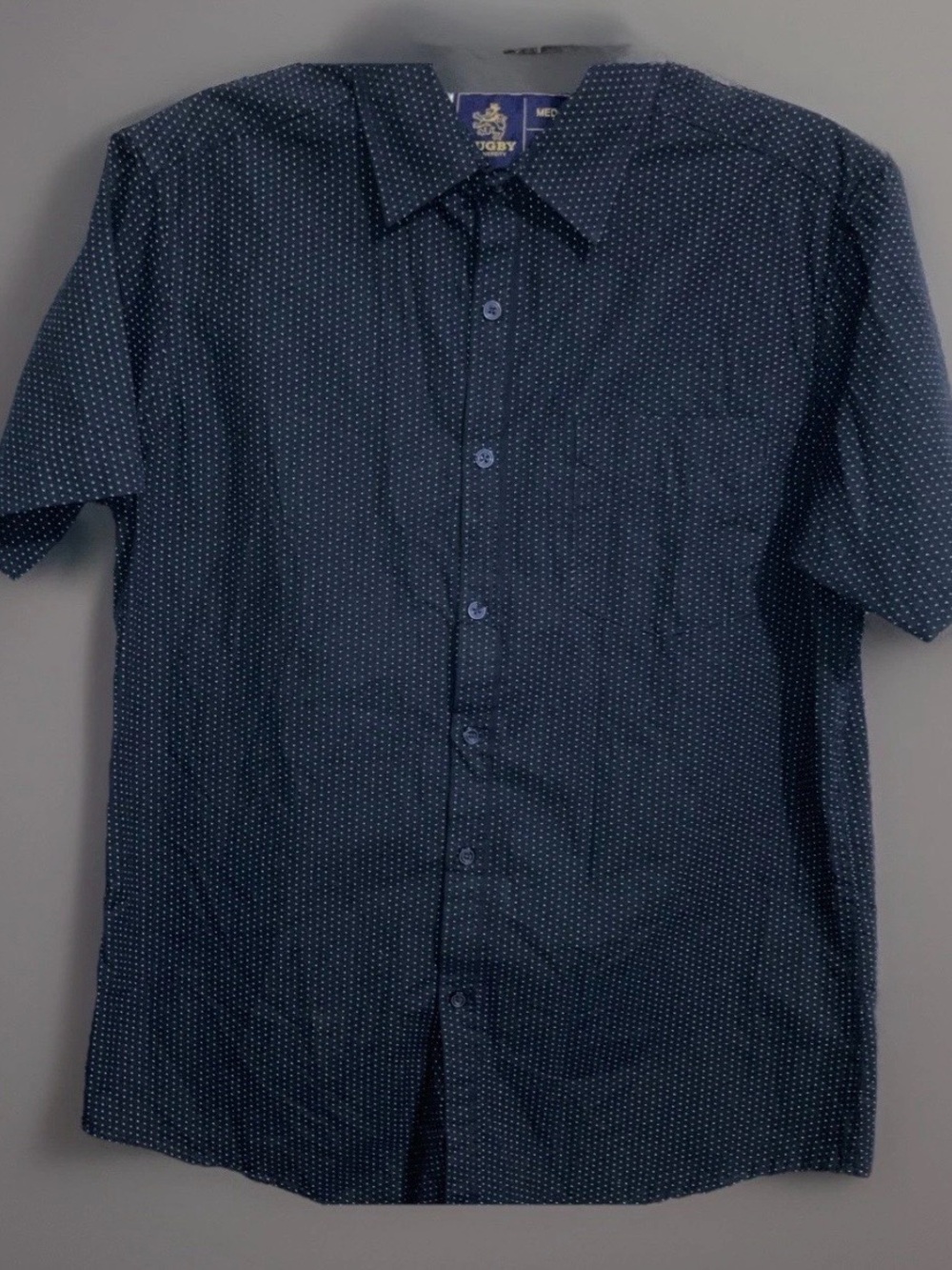 Rugby University Short Sleeve Button Up Shirt Dk Blue Polka Dot 100% Cotton Sz M
